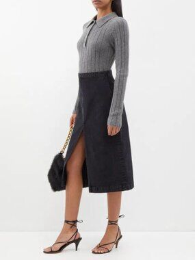 KHAITE Fraser Denim Midi Skirt Fade Washed Black Size 27